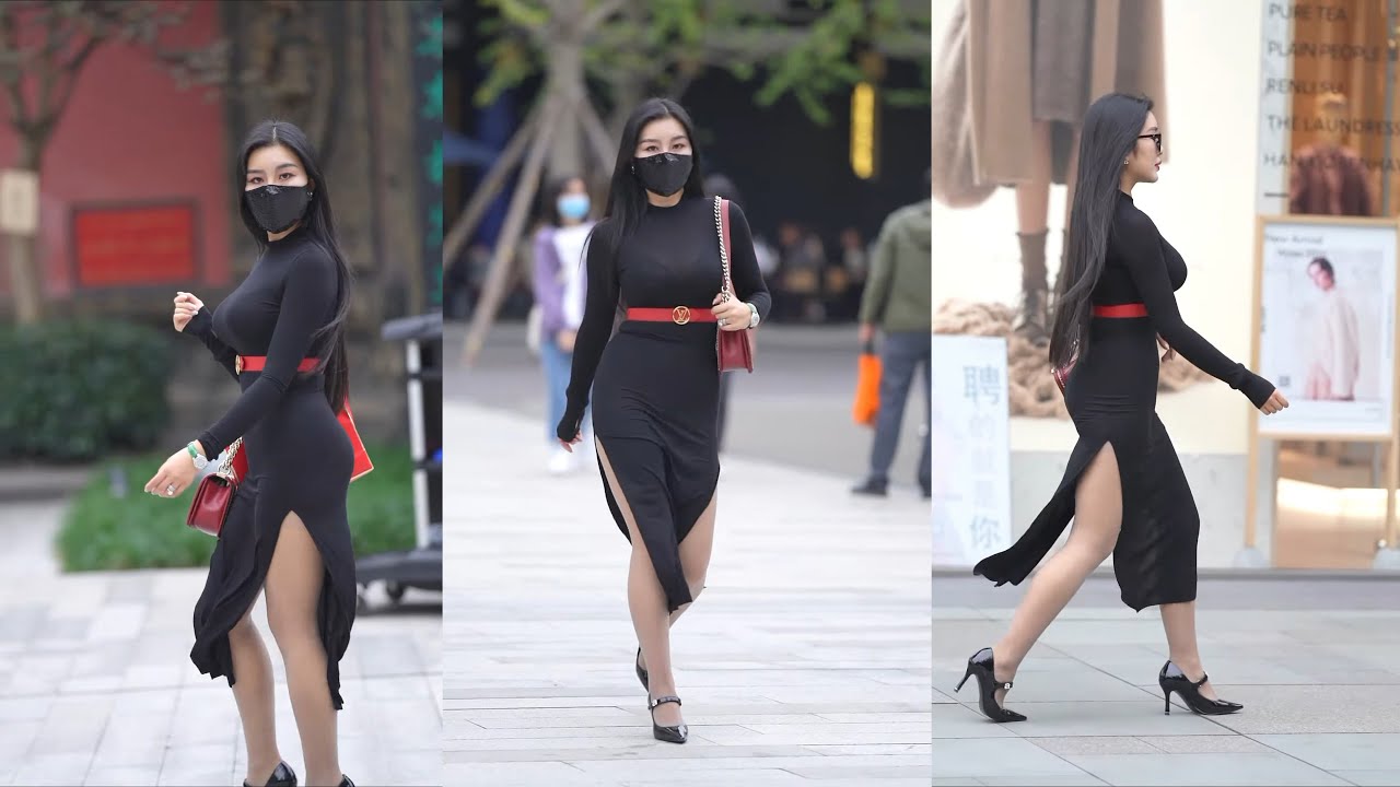 街拍美女：高开叉黑色连衣裙，凹凸有致的性感美少妇